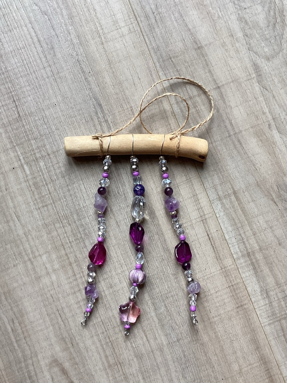 New Handmade Beaded Sun Catcher with Wire, Driftwood, Amethyst